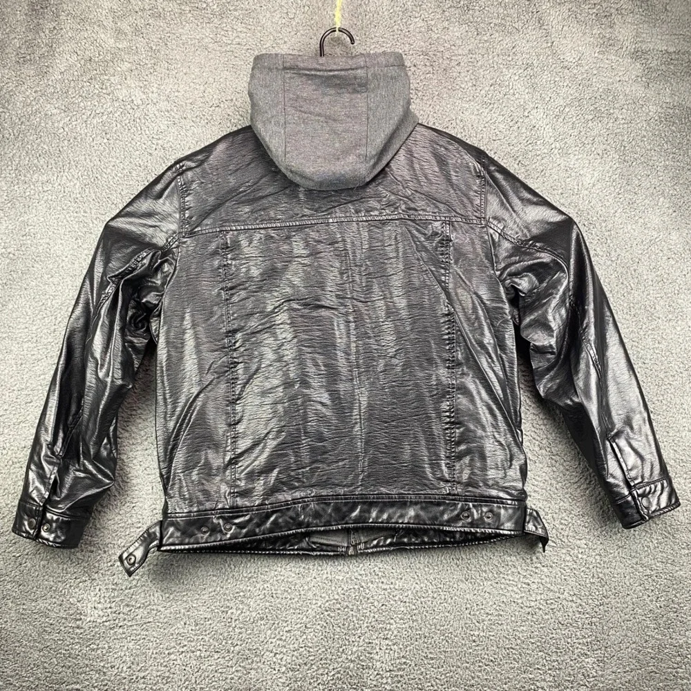 Levis Mens Black Faux Leather Hooded Trucker Jacket Large Full Zip‎ - Picture 7 of 8